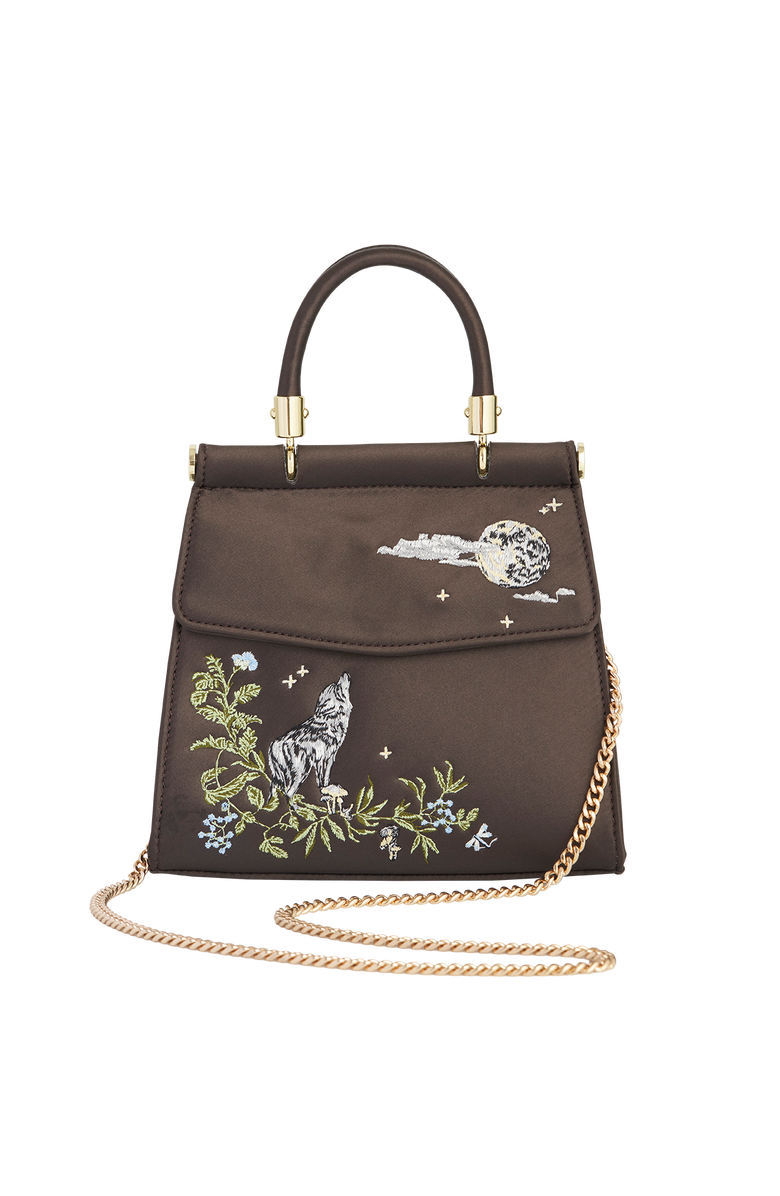 Fable England Wolf & Moon Embroidered Charcoal Satin Tote, Alternate, color, Grey