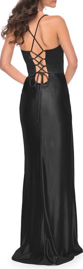 Stretch Satin Gown with Bustier Top and Lace Up Back