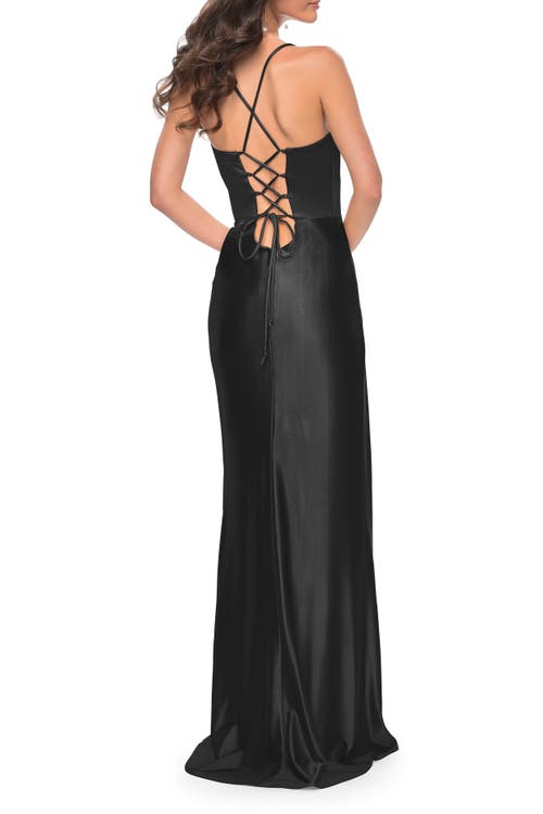 La Femme Stretch Satin Gown With Bustier Top And Lace Up Back In Black