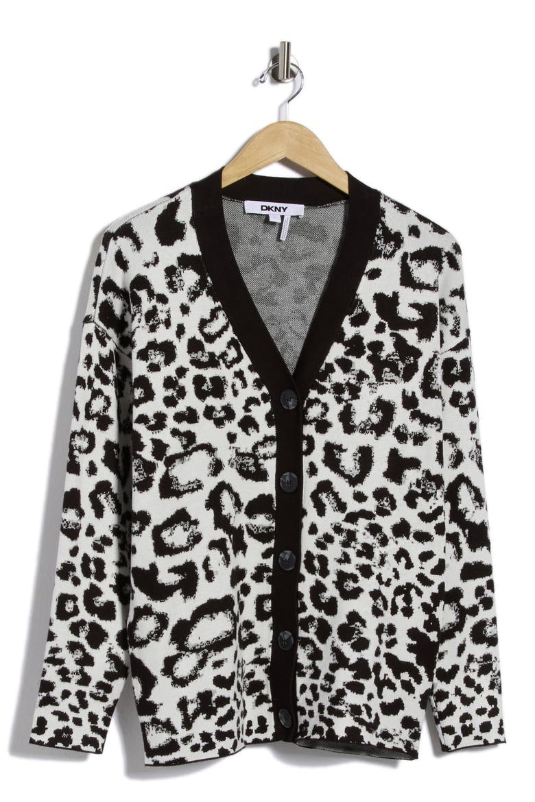 Leopard Jacquard Cardigan, Alternate, color, BLACK/ IVORY