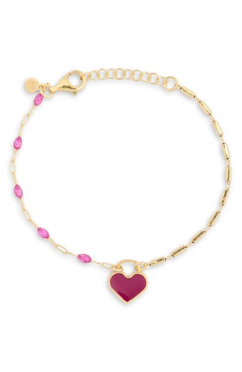 Meshmerise Cz Enamel Heart Chain Bracelet In Yellow/purple