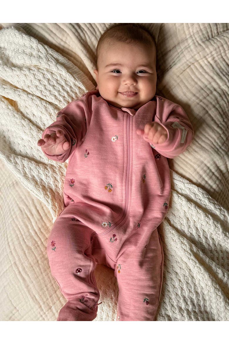 Embroidered Fleece Zip Baby Girl Footie, Alternate, color, Blush Forest Broderie
