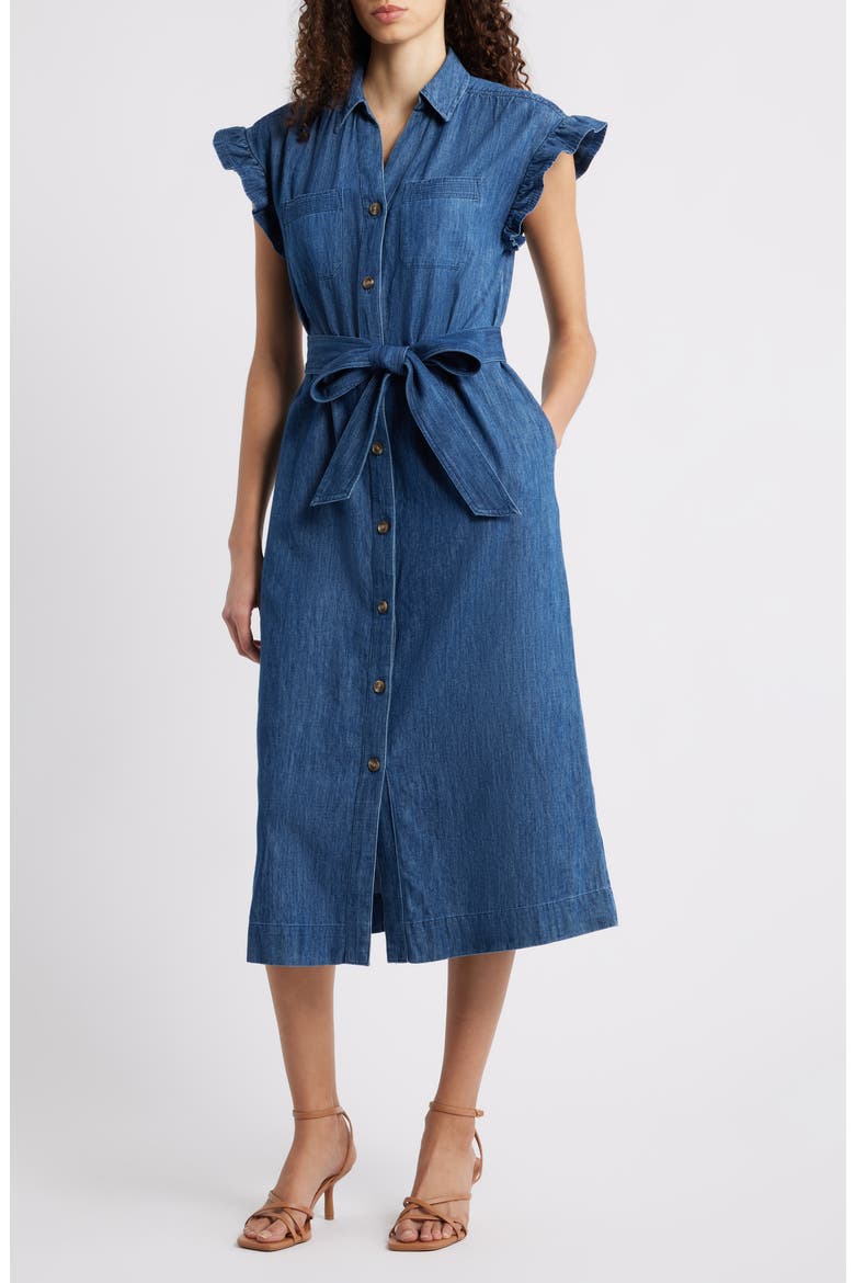 Tie Waist Denim Midi Dress, Main, color, DARK WASH