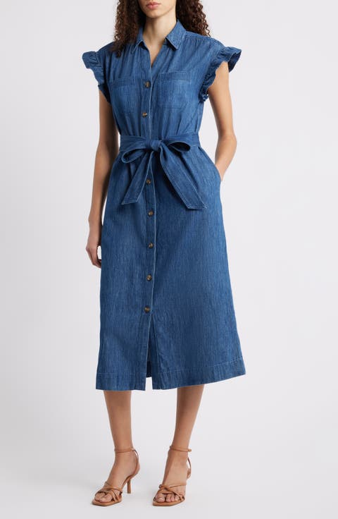 Tie Waist Denim Midi Dress