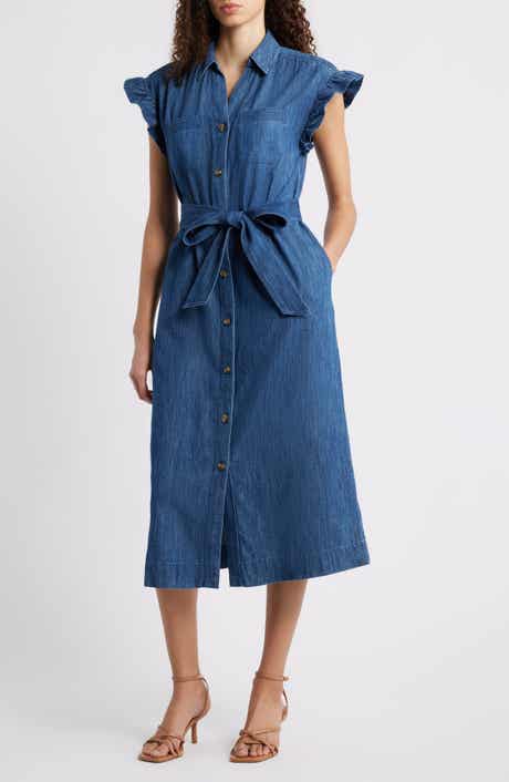 Tie Waist Denim Midi Dress