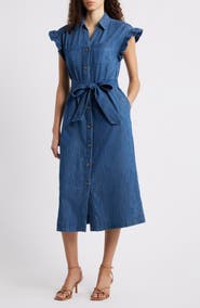 Caslon® Tie Waist Denim Midi Dress