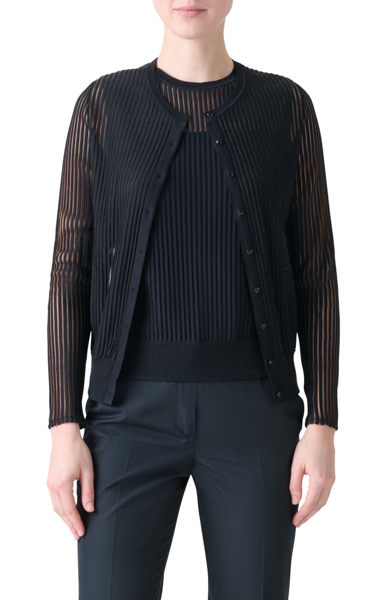 Akris Sheer Stripe Silk & Cotton Blend Cardigan, Main, color, Black