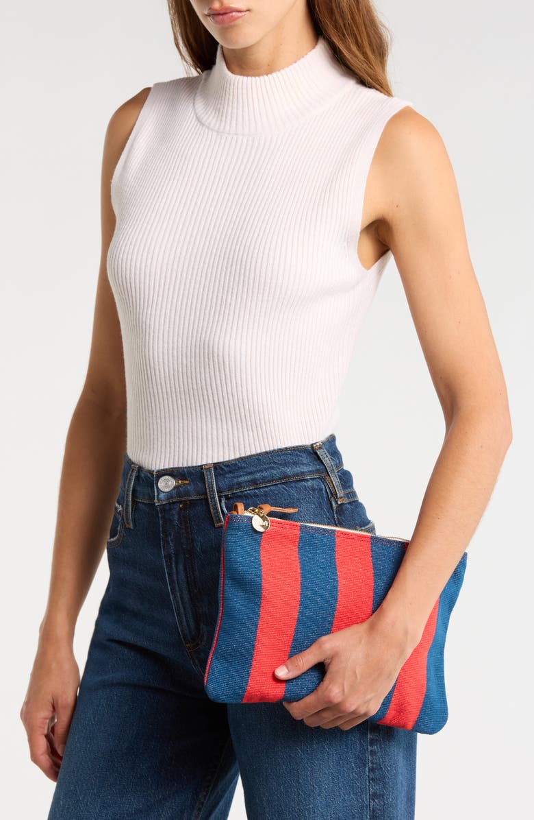 Clare V. Stripe Flat Clutch, Alternate, color, Poppy/ French Blue