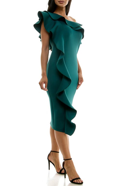 Nina Leonard Ruffle One-shoulder Scuba Sheath Dress In Emerald