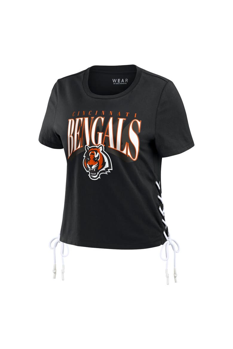 Women's WEAR by Erin Andrews Black Cincinnati Bengals Lace Up Side Modest Cropped T-Shirt, Alternate, color, Black