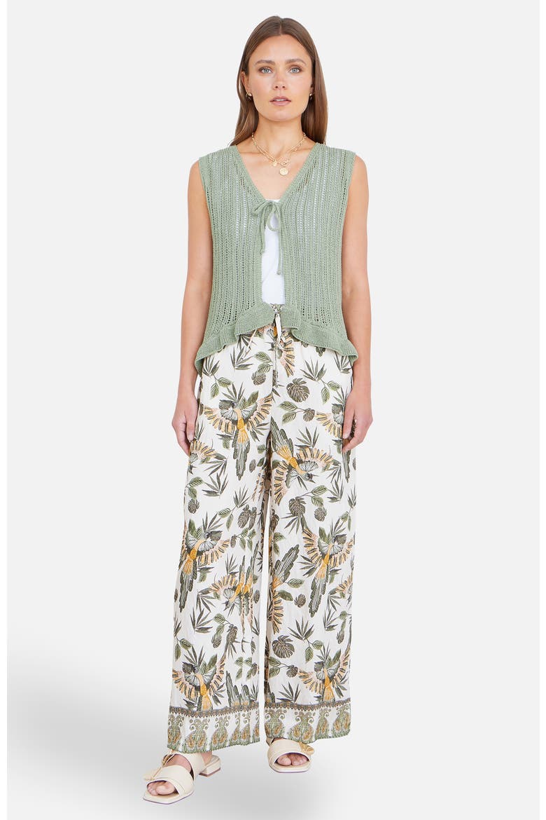 Bird Print Viscose Wide Leg Trousers, Alternate, color, Green