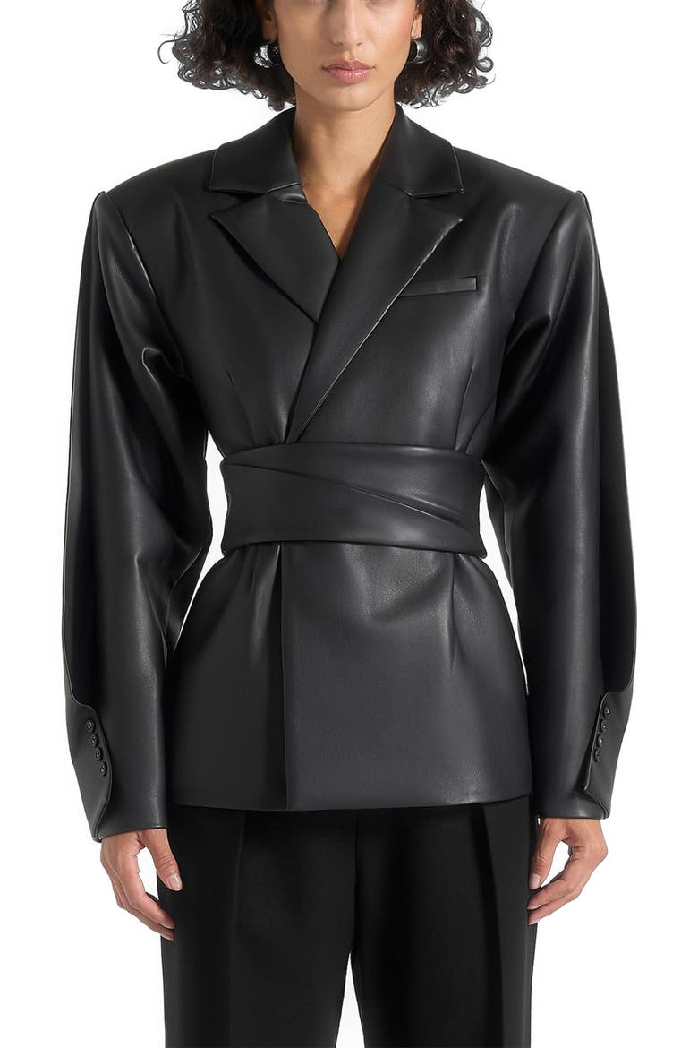 Marie Twist Sleeve Leather Blazer with Belt, Alternate, color, Black