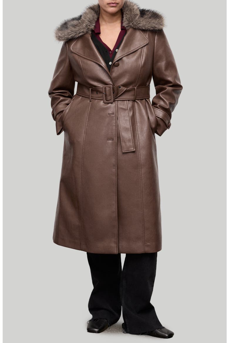 Fernanda Faux Leather Belted Coat with Removable Faux Fur Trim, Main, color, MEDIUM BROWN