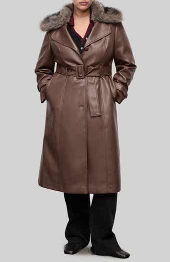 MANGO Fernanda Faux Leather Belted Coat with Removable Faux Fur Trim