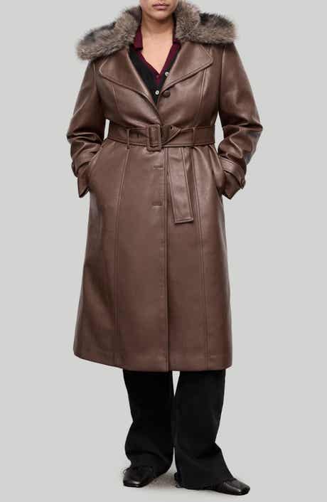 MANGO Fernanda Faux Leather Belted Coat with Removable Faux Fur Trim