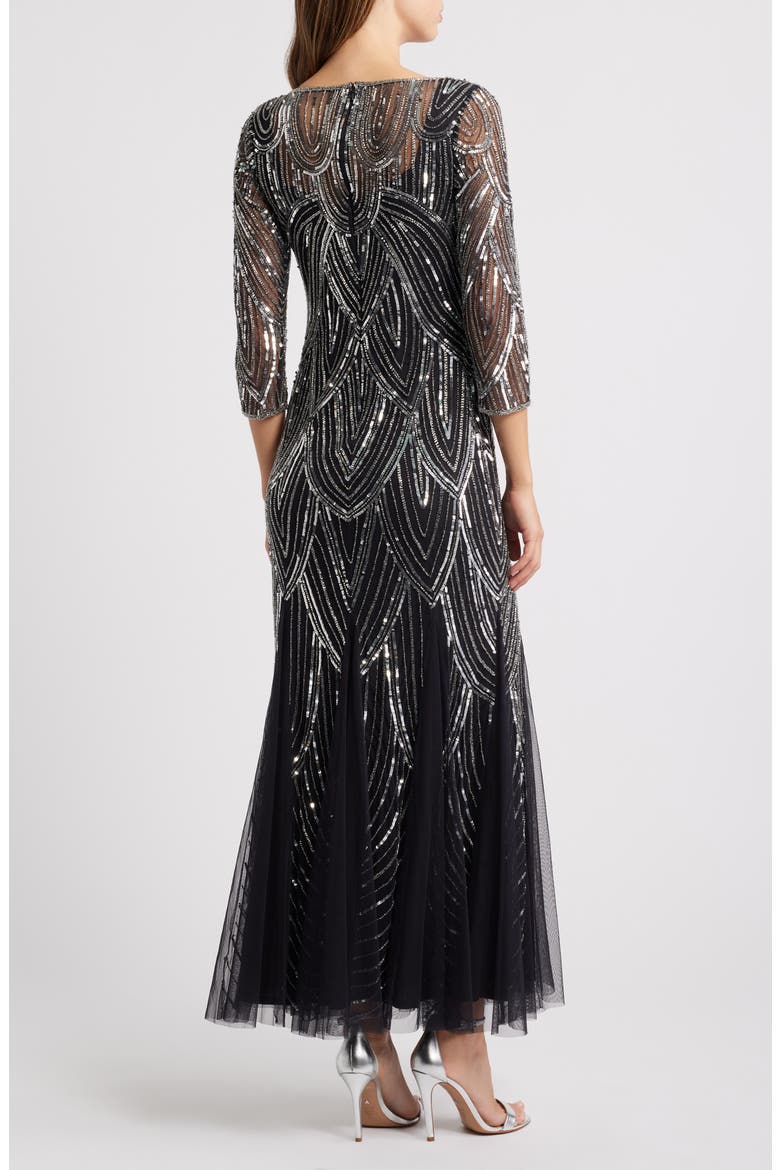 Beaded Illusion Neck Gown, Alternate, color, BLACK/ SILVER