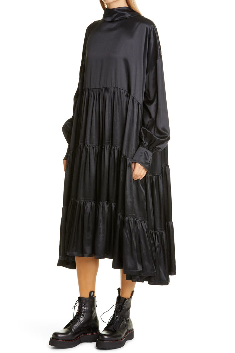 Long Sleeve Tiered Ruffle Jacquard Dress, Alternate, color, BLACK