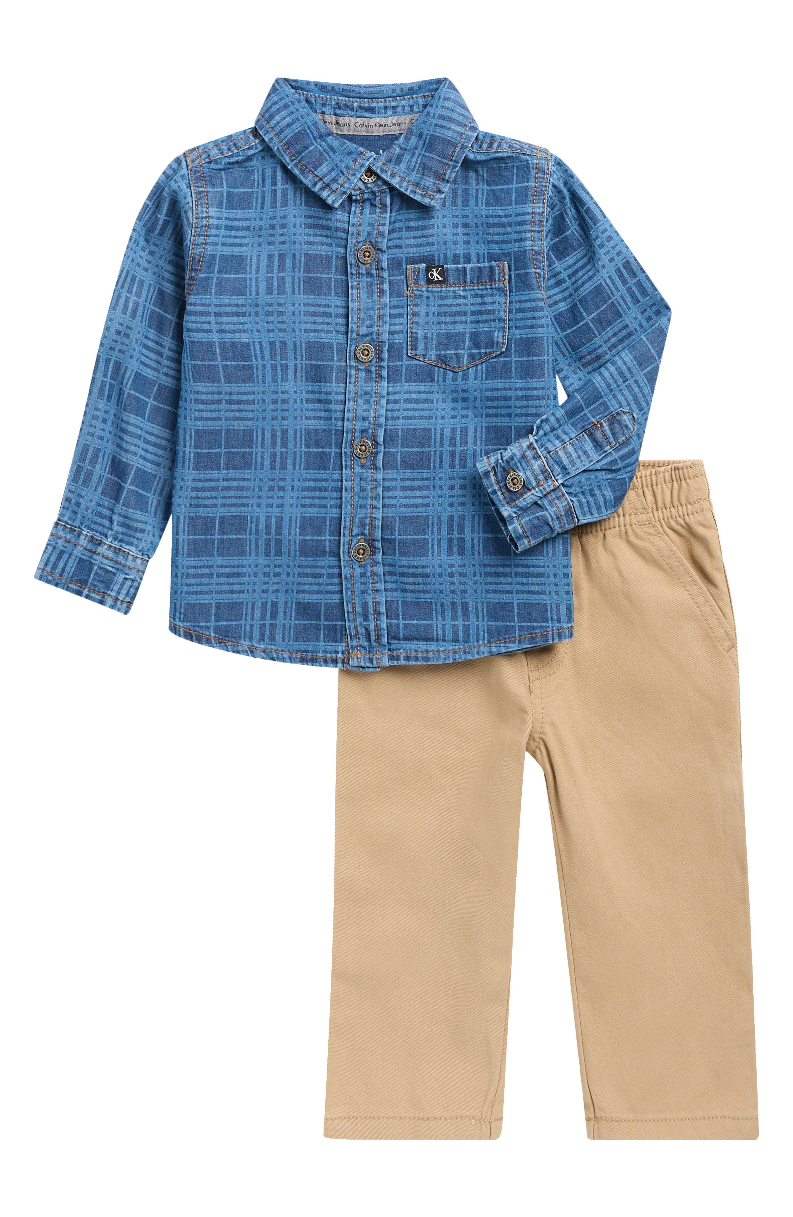 Calvin Klein Plaid Chambray Button-Up & Pants Set
