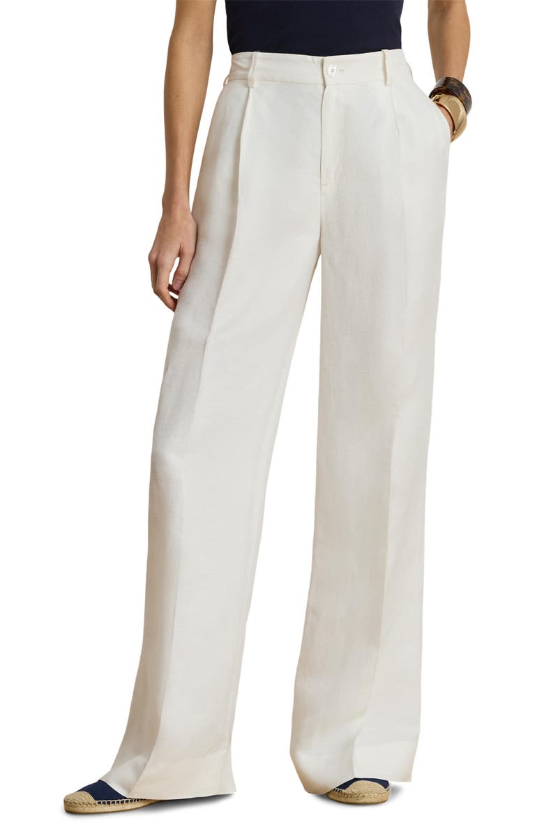 Lauren Ralph Lauren Linen Blend Twill Wide Leg Pants, Main, color, White