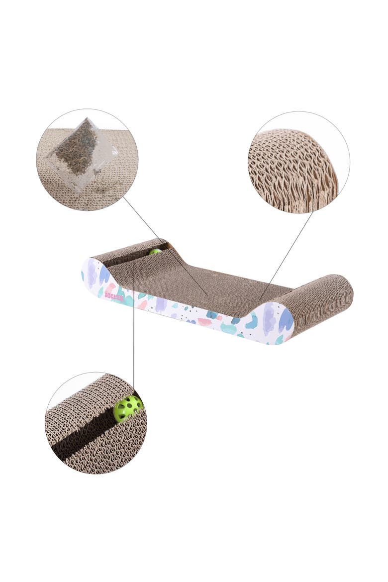 Rini Modern Cardboard Lounge Bed Cat Scratcher with Built-In Bell Toys and Catnip, Alternate, color, White/Multi