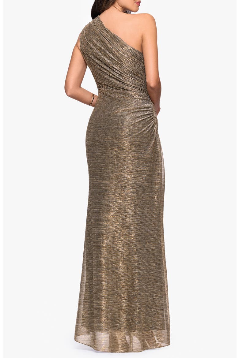 One-Shoulder Metallic Crinkled Column Gown, Alternate, color, MOCHA/ GOLD