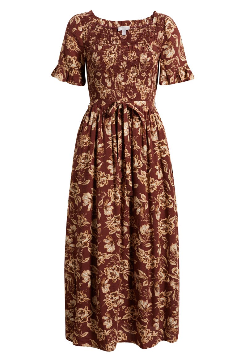 Smocked Ruffle Bodice Maxi Dress, Alternate, color, BROWN FRANNIE FLORAL