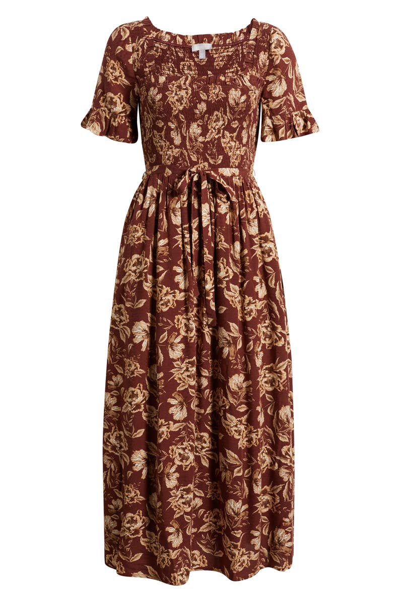 Chelsea28 Smocked Ruffle Bodice Maxi Dress, Alternate, color, Brown Frannie Floral