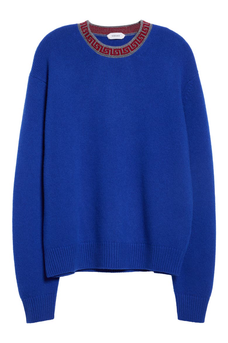 Greca Border Crewneck Wool & Cashmere Sweater, Main, color, BLUETTE