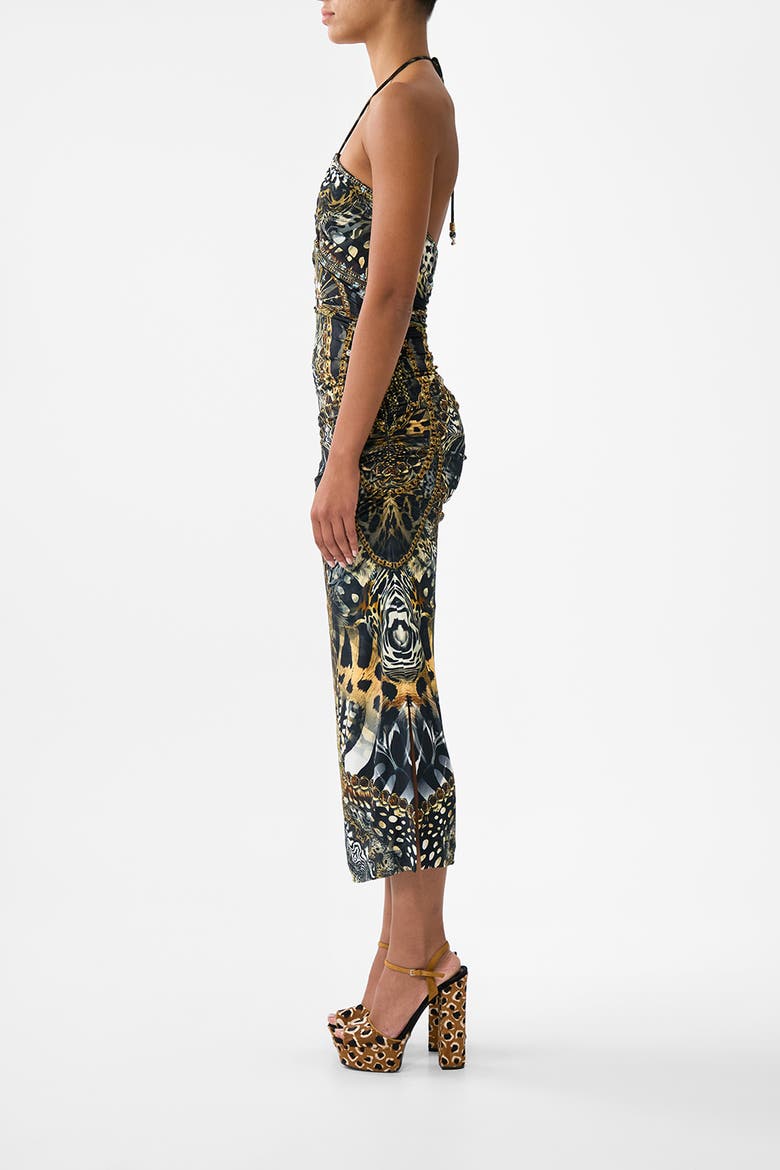 Cut Out Sleeveless Jersey Halter Neck Dress, Alternate, color, Feline Folklore