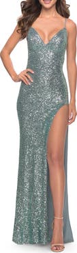 La Femme Stretch Sequin Dress with High Side Slit and V-Neck
