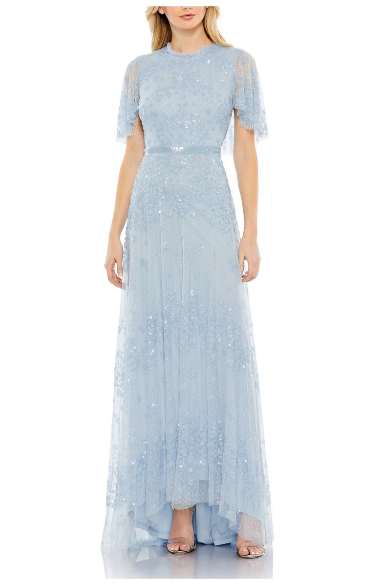 Mac Duggal Women's Sequined High Neck Flutter Sleeve A Line Gown, Main, color, Powder Blue