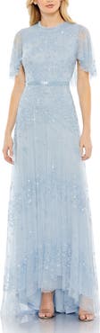 Mac Duggal Women's Sequined High Neck Flutter Sleeve A Line Gown
