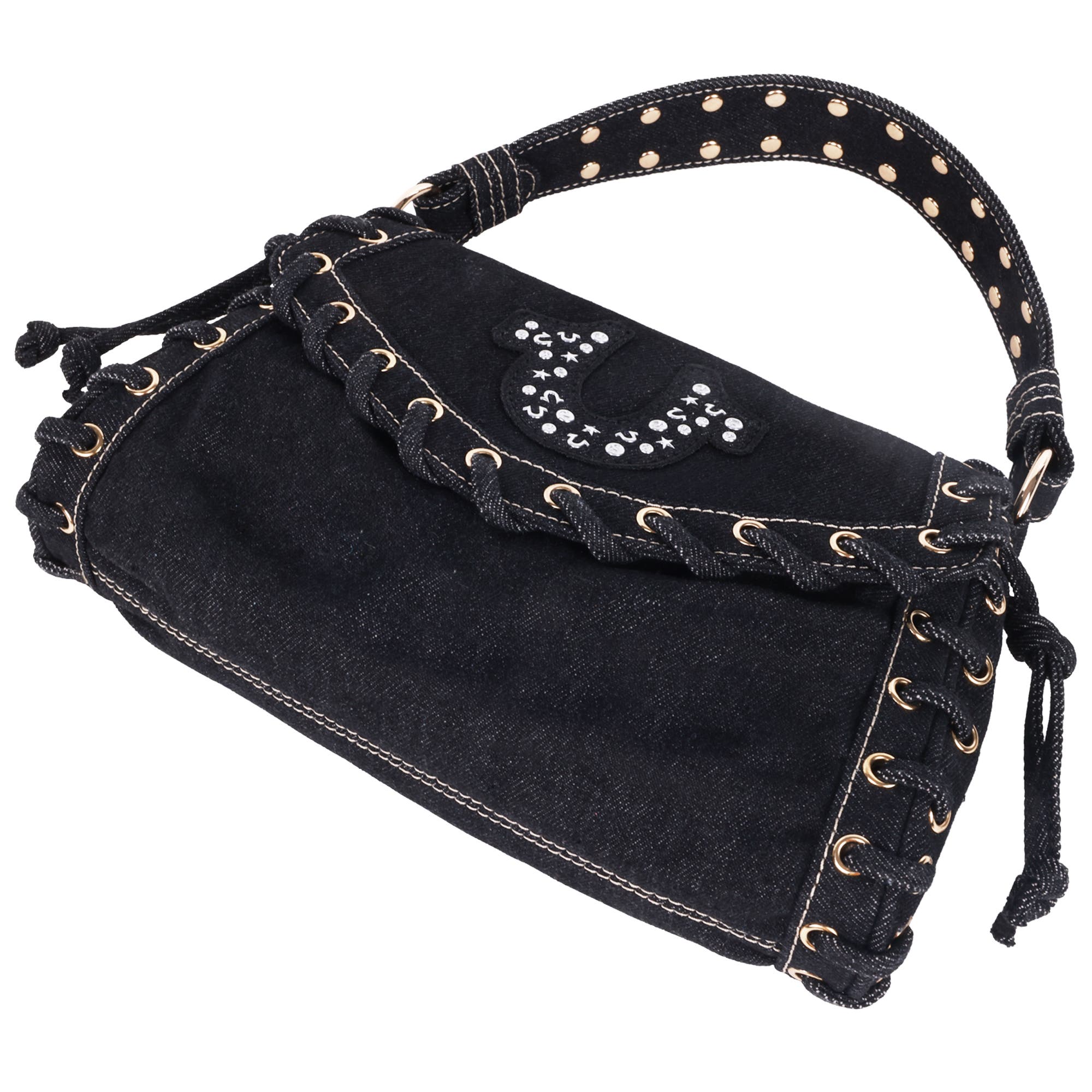 True Religion Studded Horseshoe Eyelet Denim Flap Bag, Alternate, color, Black