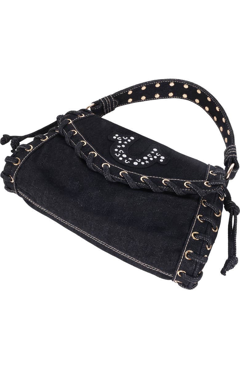 True Religion Studded Horseshoe Eyelet Denim Flap Bag, Alternate, color, Black