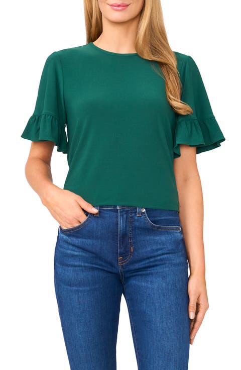 Ruffle High-Low Crepe Knit Top