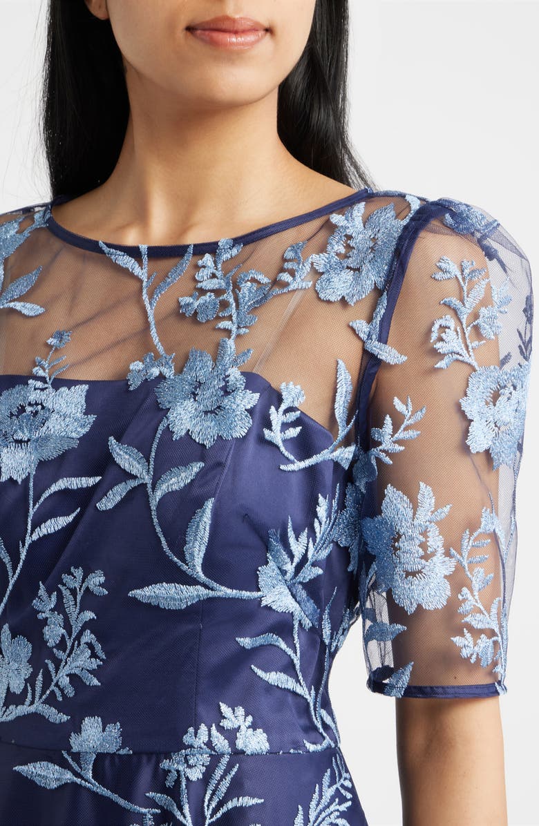 Eliza J Embroidered Floral Cocktail Midi Dress, Alternate, color, Navy Blue