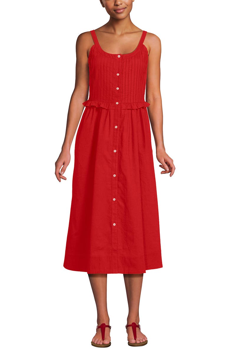 Lands' End Linen Blend Pintuck Tank Midi Dress, Alternate, color, Coral Red