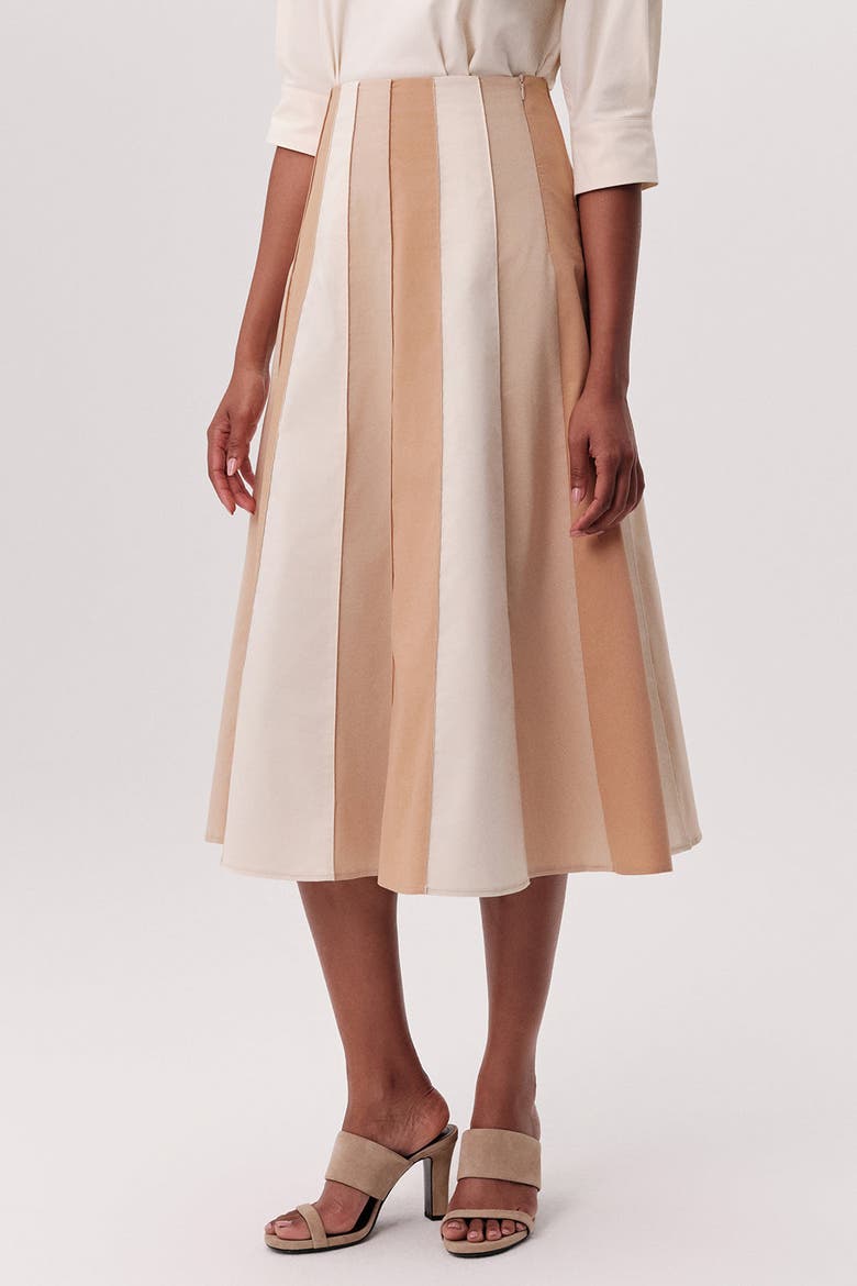 Nikki High Waisted Paneled Flared Midi Skirt, Alternate, color, Beige