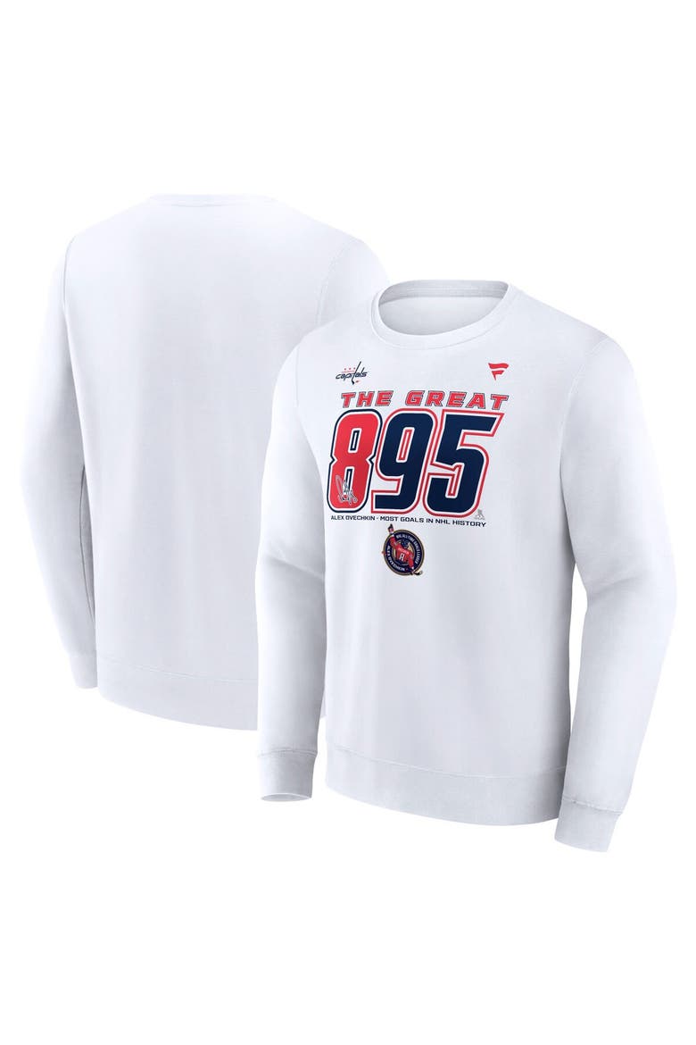 Men's Fanatics Alexander Ovechkin White Washington Capitals NHL All-Time Leading Goal Scorer The Great 895 Fleece Pullover Sweatshirt, Main, color, White