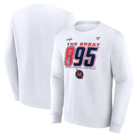 Men's Fanatics Alexander Ovechkin White Washington Capitals NHL All-Time Leading Goal Scorer The Great 895 Fleece Pullover Sweatshirt