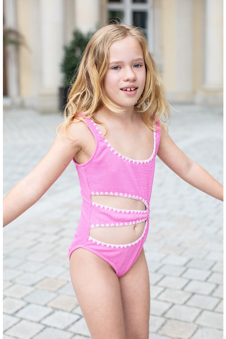 Textured Cutout Embroidery Edging with Ring-Detail One-Piece Swimsuit, Alternate, color, Pink