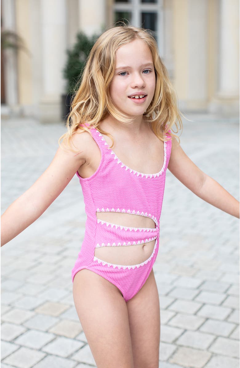 NESSI BYRD Textured Cutout Embroidery Edging with Ring-Detail One-Piece Swimsuit, Alternate, color, Pink