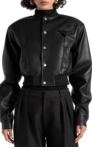 Manière De Voir Zina Leather Wide Shoulder Bomber Jacket