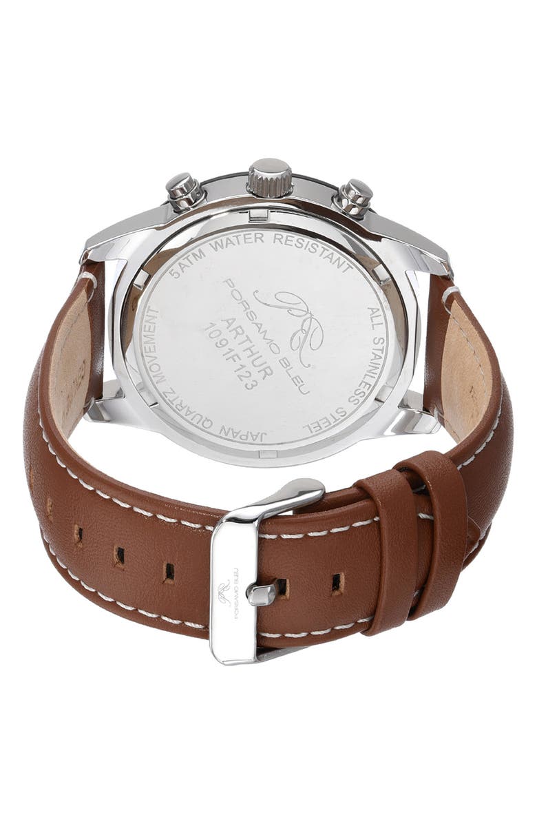 PORSAMO BLEU Men's Arthur Chronograph Leather Strap Watch, 44mm, Alternate, color, Silver/Brown
