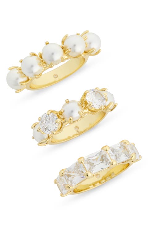 Set of 3 Faux Pearl & Cubic Zirconia Rings