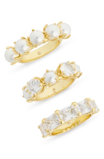Covet Set Of 3 Faux Pearl & Cubic Zirconia Rings In White Gold
