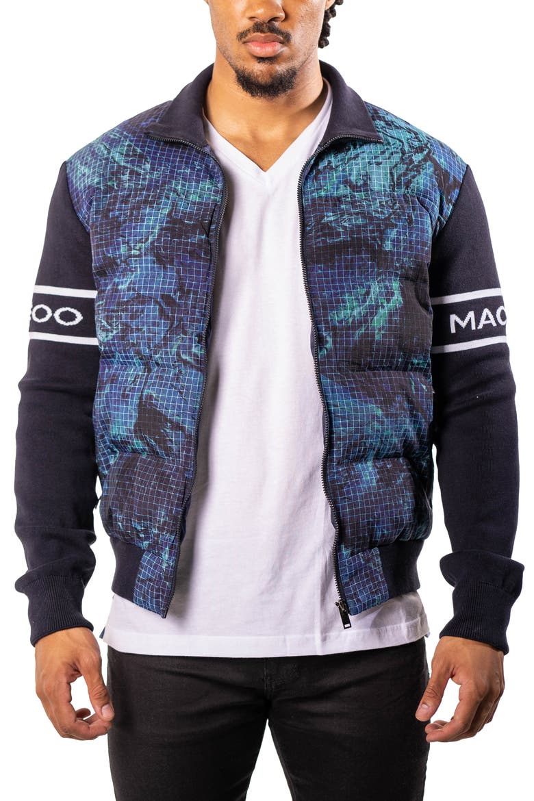 Oceanography Mixed Media Insulated Bomber Jacket, Main, color, BLUE