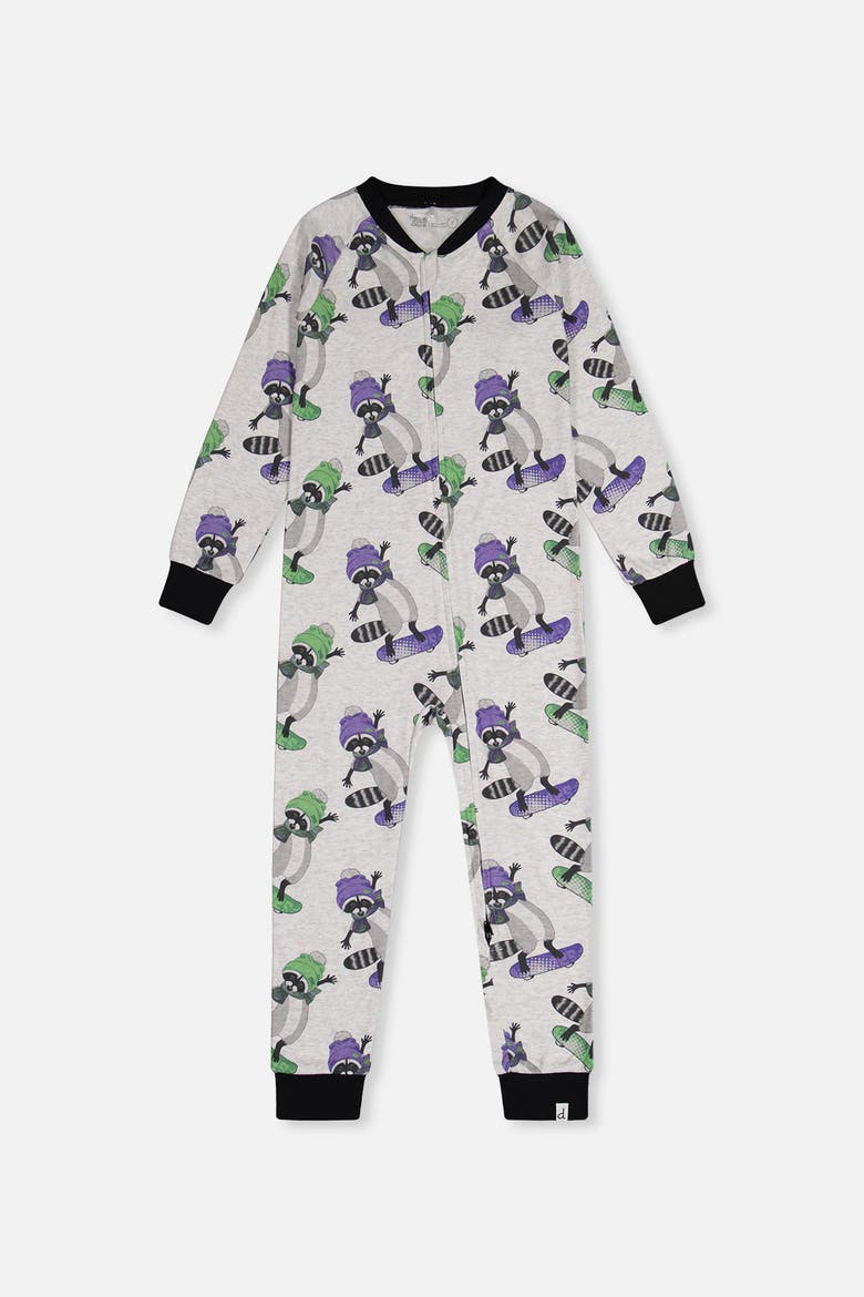 Raccoon Organic Cotton Front Zipper One Piece Pajama, Main, color, Beige with Raccoon Print