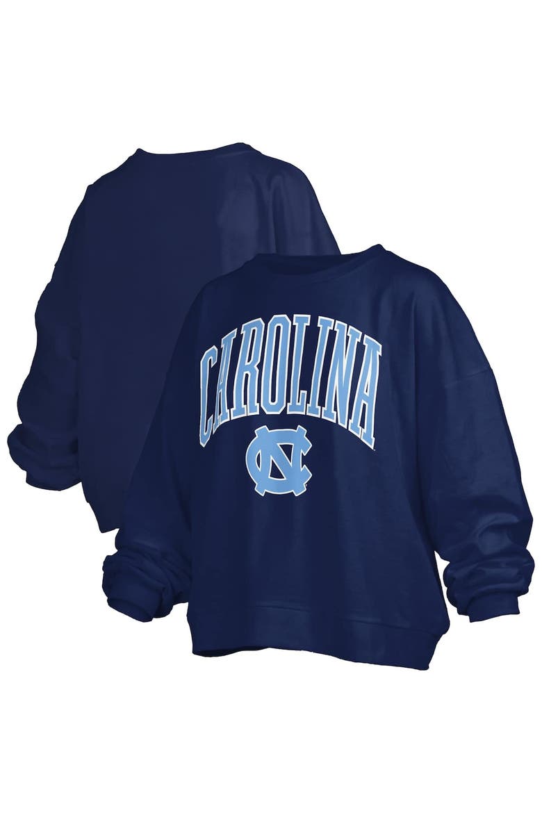 Women's Pressbox Navy North Carolina Tar Heels Janise Arch Over Logo Waist Length Oversized Pullover Sweatshirt, Alternate, color, Navy