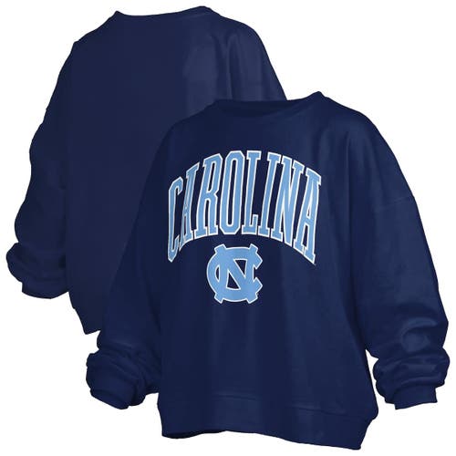 Pressbox Navy North Carolina Tar Heels Janise Arch Over Logo Waist Length Oversized Pullover Sweatsh